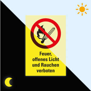 PERMALIGHT® power Verbots-Kombischild: Feuer, offenes Licht und rauchen verboten, Symbol und Text, ASR A2.3, Kunststoff lang nachleuchtend, 300 x 400