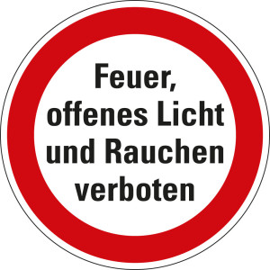 Verbotsschild: Feuer, offenes Licht und Rauchen verboten!, Folie selbstklebend, Ø 200 mm, 1 Stück