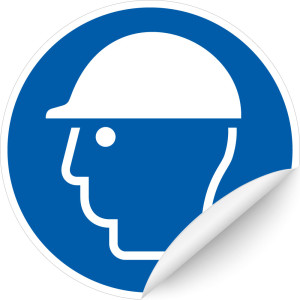 Gebotsschild: Kopfschutz benutzen, blau-weiß, ASR/ISO, Folie selbstklebend, Ø 50 mm, 10 St./Bogen