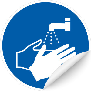 Gebotsschild: Hände waschen, blau-weiß, ASR/ISO, Folie selbstklebend, Ø 100 mm, 1 Stück