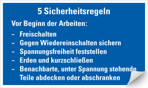 Hinweisschild: 5 Sicherheitsregeln vor Beginn der Arbeiten..., blau-weiß, Folie selbstklebend, 300 x 200 mm, 1 Stück