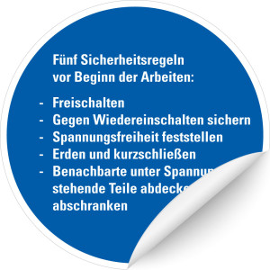 Hinweisschild: 5 Sicherheitsregeln vor Beginn der Arbeiten..., blau-weiß, Folie selbstklebend, Ø 100 mm, 1 Stück