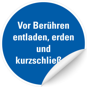 Gebotsschild: Vor Berühren entladen, erden und kurzschließen, blau-weiß, Folie selbstklebend, Ø 100 mm, 1 Stück