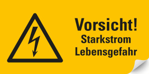 Warnschild / Warnzeichen: Vorsicht! Starkstrom Lebensgefahr, Blitzpfeil, RoHS konform, ASR/ISO, Folie selbstklebend, 52 mm x 26 mm, 10 St./Bogen