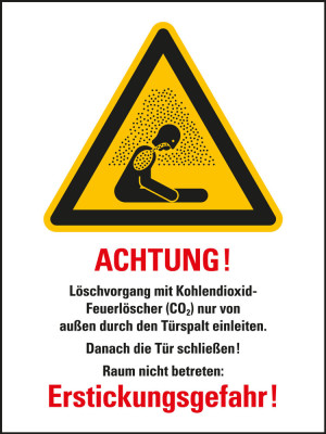 Warn-Kombischild: CO²-Feuerlöscher Löschen durch Türspalt (...), DGUV 205-034, Kunststoff selbstklebend, 300 x 400 mm