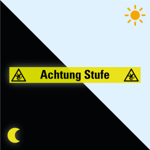 PERMALIGHT® power Treppenmarkierung: Achtung Stufe (Piktos Treppe), ASR A1.3, DIN EN ISO, R10, Bodenmarkierungsfolie selbstklebend, 1000 x 120 mm