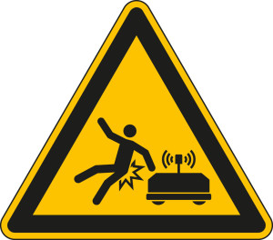 Warnschild / Warnzeichen Warnung vor Fahrerlosen Transportsystemen, gelb, Kunststoff, Schenkellänge 200 mm