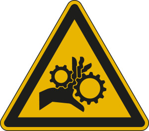 Warnschild: Warnung vor sich bewegenden Zahnrädern, ISO, Standardfolie, Schenkellänge 200 mm