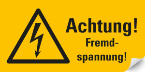 Warnschild / Warnzeichen: Achtung! Fremdspannung!, Blitzpfeil, RoHS konform, ASR/ISO, Folie selbstklebend, 148 mm x 74 mm, 1 Stück