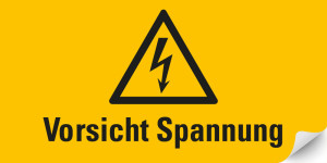 Warnschild / Warnzeichen: Vorsicht! Spannung, Blitzpfeil, RoHS konform, Folie selbstklebend, 74 mm x 37 mm, 1 Stück