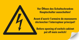 Warnschild / Warnzeichen: Vor Öffnen des Schaltschrankes Hauptschalter ausschalten, 3-sprachig, Blitzpfeil, RoHS konform, Folie selbstklebend, 105 mm