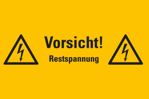 Warnschild / Warnzeichen: Vorsicht! Restspannung, zwei Blitzpfeile, Folie selbstklebend, 300 mm x 200 mm, 1 Stück
