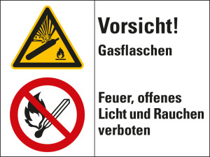 Kombischild: Vorsicht! Gasflaschen - Feuer, offenes Licht und Rauchen [...], 2 Piktogramme und Text, Folie selbstklebend, 200 x 150 mm, 1 Stück