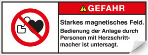 Produktsicherheitsschild: GEFAHR - Starkes magnetisches Feld - Bedienung […], RoHS konform, Folie selbstklebend, 200 x 75 mm, 1 Stück