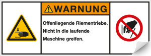Produktsicherheitsschild: WARNUNG - Offenliegende Riemenbetriebe - Nicht in die […], RoHS konform, Folie selbstklebend, 200 x 75 mm, 1 Stück