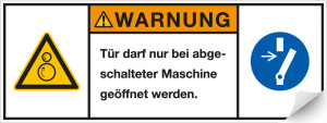 Produktsicherheitsschild: WARNUNG - Tür darf nur bei abgeschalteter Maschine [...], RoHS konform, Folie selbstklebend, 100 x 35 mm, 1 Stück