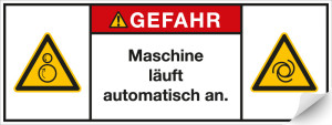 Produktsicherheitsschild: GEFAHR - Maschine läuft automatisch an, RoHS konform, Folie selbstklebend, 200 x 75 mm, 1 Stück