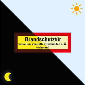 PERMALIGHT® power Feuerwehrschild: Brandschutztür verkeilen, verstellen [...] verboten, weiß-rot, DIN 4066, Folie lang nachleuchtend, 297 x 105 mm