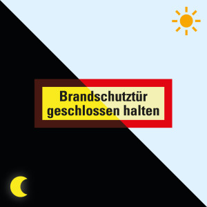 PERMALIGHT® power Feuerwehrschild: Brandschutztür geschlossen halten, weiß-rot, DIN 4066, Kunststoff lang nachleuchtend, 297 x 105 mm