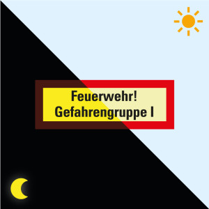 PERMALIGHT® power Feuerwehrschild: Feuerwehr! Gefahrengruppe I, weiß-rot, DIN 4066, Folie lang nachleuchtend, 210 x 74 mm