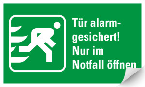 Rettungszeichen: Tür alarmgesichert! Nur im Notfall öffnen, Piktogramm und Text, praxisbewährt, Folie selbstklebend, 200 x 120 mm, 1 Stück