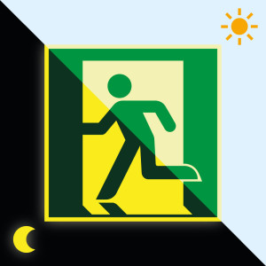 PERMALIGHT® power Bodenzeichen: Notausgang links, ASR A2.3, Rutschhemmung R10, Folie lang nachleuchtend, 400 x 400 mm