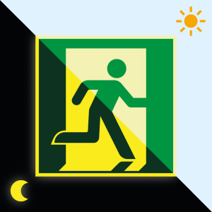 PERMALIGHT® power Bodenzeichen: Notausgang rechts, ASR A2.3, Rutschhemmung R10, Folie lang nachleuchtend, 400 x 400 mm