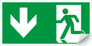 Rettungszeichen: Notausgang mit Pfeil nach unten, grün-weiß, ASR/ISO, Standardfolie, 300 x 150 mm