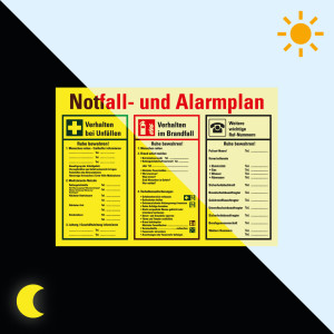 PERMALIGHT® power Notfall- und Alarmplan, mit Piktogrammen, ASR/ISO, Kunststoff lang nachleuchtend, 700 mm x 500 mm