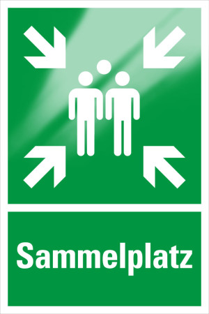 Rettungszeichen-Kombischild: Sammelplatz, Piktogramm Sammelstelle und Text, ASR/ISO, Aluminium reflektierend, 400 x 600 mm, 1 Stück