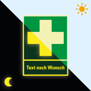 PERMALIGHT® power Rettungszeichen-Kombischild: Erste Hilfe, Text nach Wunsch, Kunststoff lang nachleuchtend, 300 x 400 mm