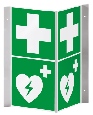 Rettungs-Nasenschild: Erste Hilfe und Defibrillator, ASR/ISO, Kunststoff, 200 x 400 mm