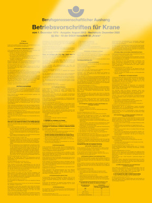 Betriebsaushang: Betriebsvorschriften Krane, gelb, DGUV 52, Aluminium, 300 mm x 400 mm, 1 Stück