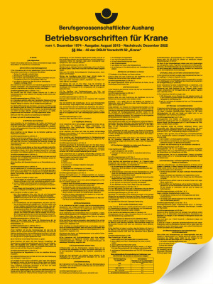 Betriebsaushang: Betriebsvorschriften Krane, gelb, DGUV 52, Folie selbstklebend, 300 mm x 400 mm, 1 Stück
