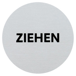 Türschild: Ziehen, Vollaluminium silber eloxiert, Ø 60 mm