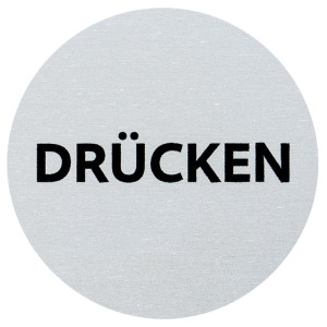 Türschild: Drücken, Vollaluminium silber eloxiert, Ø 60 mm