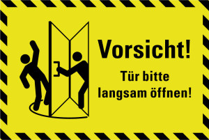 PERMALIGHT® power Hinweisschild: Vorsicht! Tür bitte langsam öffnen, schraffierter Rand, selbstklebende Folie, tagesfluoreszierend, nachleuchtend, 300