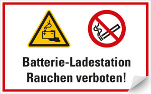 Hinweisschild Batterie-Ladestation Rauchen verboten!, zwei Piktogramme, Folie selbstklebend, 300 x 200 mm, 1 Stück