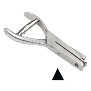 Kerb-/Lochzange für Prüfplaketten, Kerbform Dreieck breit 4 x 4,5 mm, Maultiefe 48 mm, Edelstahl