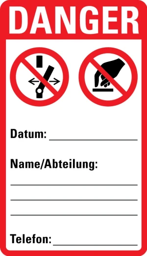 Wartungsetikett DANGER zur Kennzeichnung von Gasflaschen Verriegelungen, zum Selbstbeschriften, Folie selbstklebend , 75 x 130 mm, 5/VE