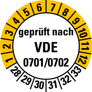 Prüfplakette geprüft nach VDE 0701/0702, 28 - 33, weiß-gelb, Standardfolie, Ø 20 mm, 500 St./Rolle