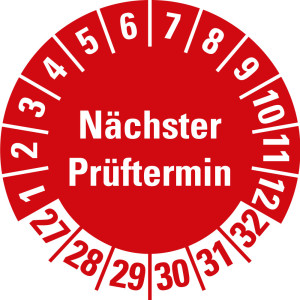Prüfplakette Nächster Prüftermin, 27 - 32, rot, Standardfolie, Ø 30 mm, 500 St./Spender
