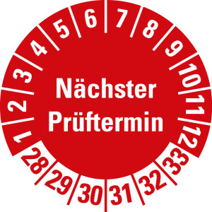 Prüfplakette Nächster Prüftermin, 28 - 33, rot, Standardfolie, Ø 30 mm, 100 St./Heft