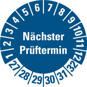 Prüfplakette Nächster Prüftermin, 27 - 32, blau, Standardfolie, Ø 30 mm, 100 St./Heft