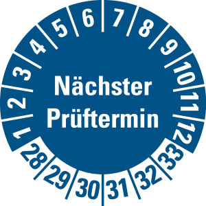Prüfplakette Nächster Prüftermin, 28 - 33, blau, Standardfolie, Ø 30 mm, 100 St./Heft
