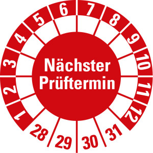 Prüfplakette Nächster Prüftermin, 28 - 31, rot, Freifelder, Standardfolie, Ø 30 mm, 10 St./Bogen