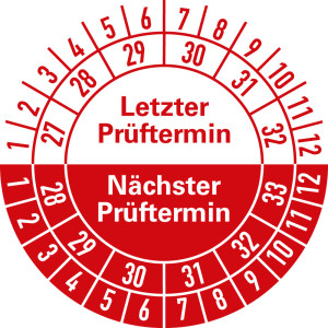 Prüfplakette Letzter Prüftermin/Nächster Prüftermin, 27 - 32/28 - 33, weiß-rot, Standardfolie, Ø 30 mm, 10 St./Bogen