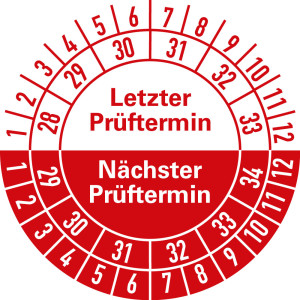 Prüfplakette Letzter Prüftermin/Nächster Prüftermin, 28 - 33/29 - 34, weiß-rot, Standardfolie, Ø 30 mm, 10 St./Bogen