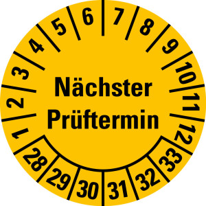 Prüfplakette Nächster Prüftermin, 28 - 33, gelb, Standardfolie, Ø 20 mm, 500 St./Rolle