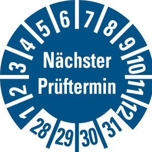 Prüfplakette Nächster Prüftermin, 28 - 31, blau, Standardfolie, Ø 8 mm, 10 St./Bogen